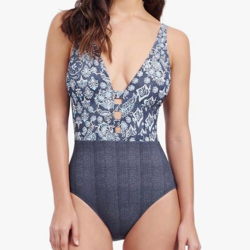 Profile by Gottex Women's Flores Deep Plunge One Piece Bathing Suit Size 8 New